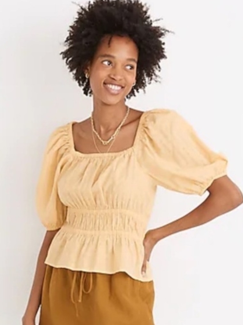 Madewell Square Neck Puff Sleeve Peplum Top - Yellow